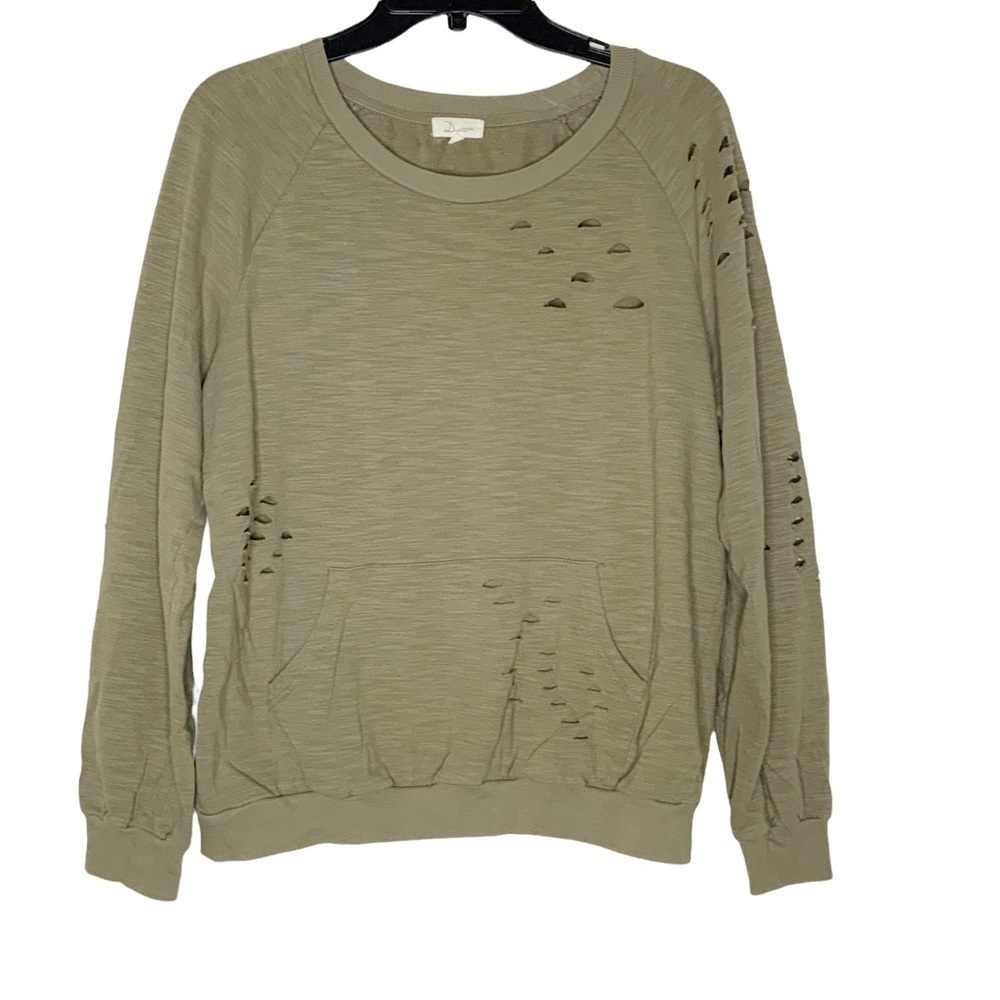 DUETS olive green sweatshirt with kangaroo pockets.  Size L